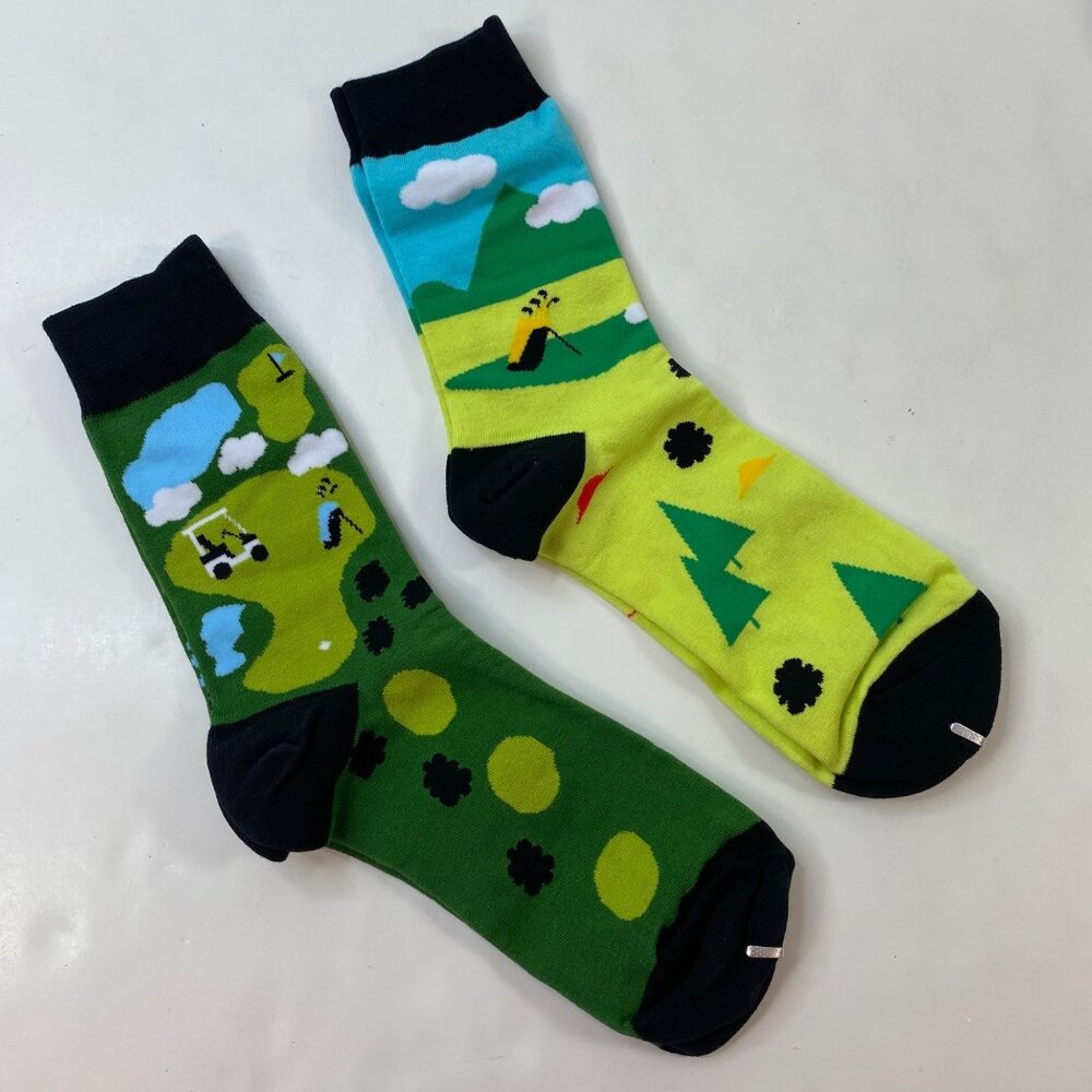 Mens Crew Socks Set 2 Golf Course Print Green Black Blue White